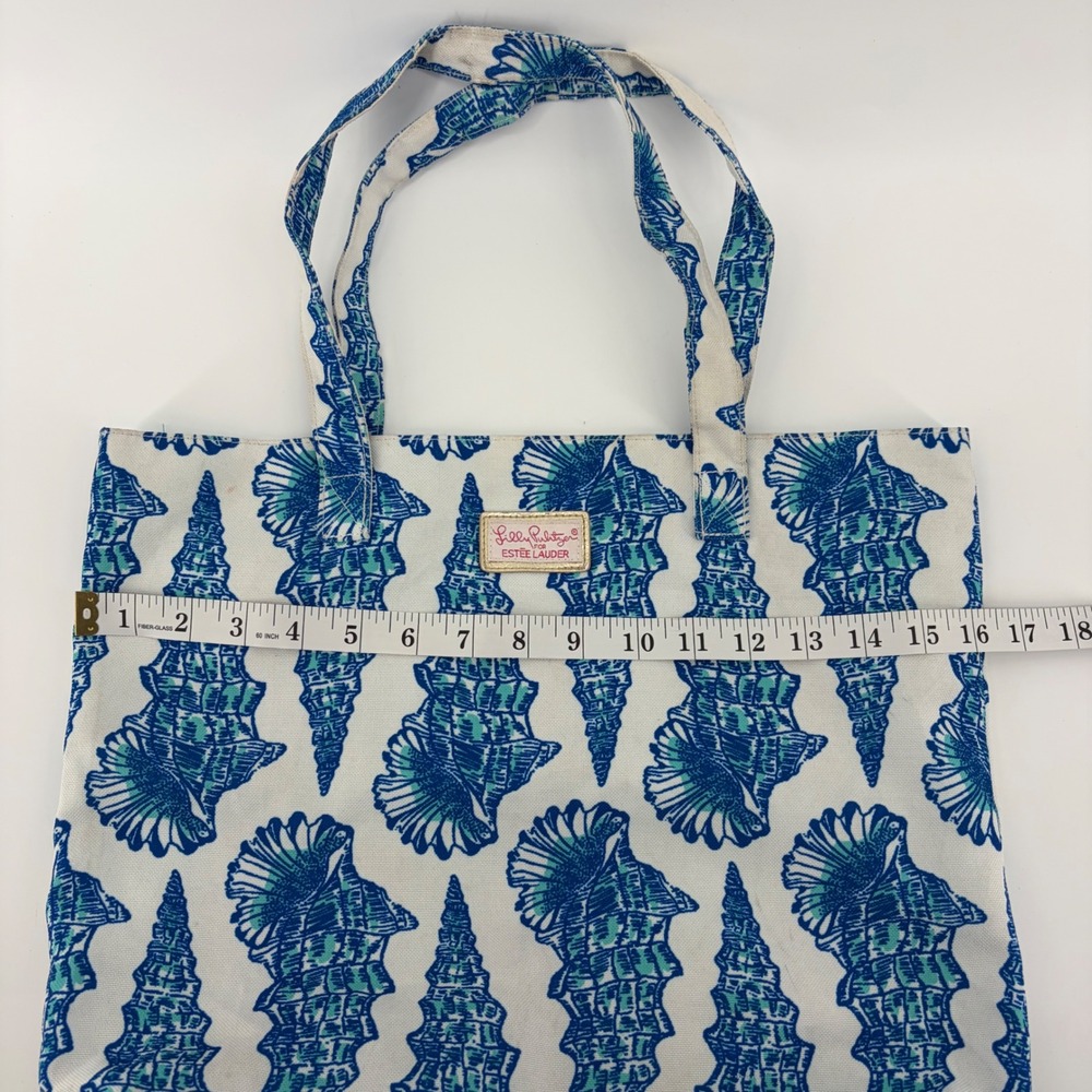 Lilly Pulitzer Estee Lauder Tote Bag Blue Teal White Shells Womens Large Canvas - Picture 5 of 6